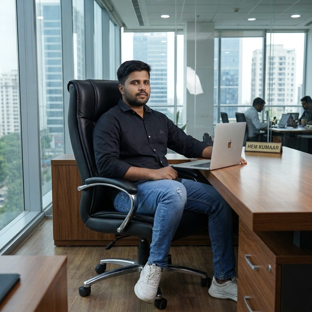 Hem Kumar, Founder and Web Developer at Dhruv Guides, sitting in a professional office