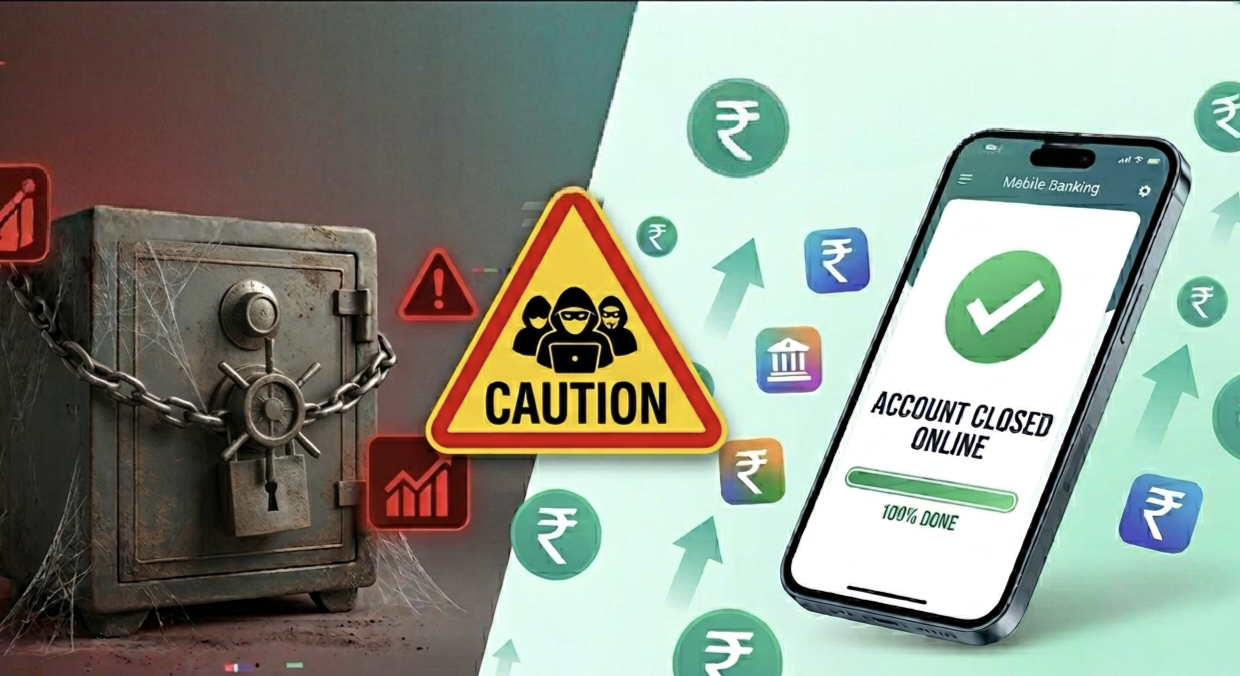 Dormant bank account closure process India: hacker risk vs successful online method infographic