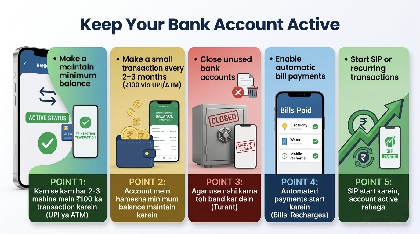 5 key tips to keep a bank account active and prevent it from becoming dormant in India, including minimum balance, transactions, closing unused accounts, automatic bill payments, and SIPs.