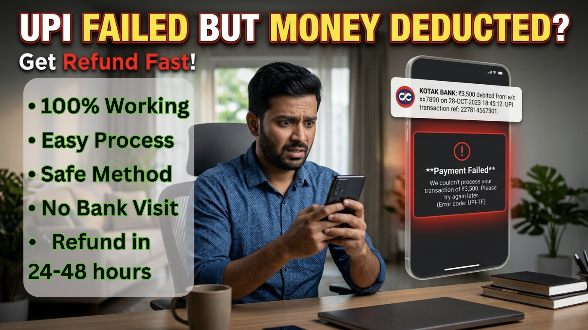 Man looking shocked after UPI payment failed but money deducted from bank account, showing a 24-48 hours refund process guide.