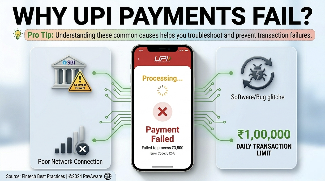 Infographic showing common reasons why UPI payments fail, including bank server down, poor network connection, and daily transaction limit reached