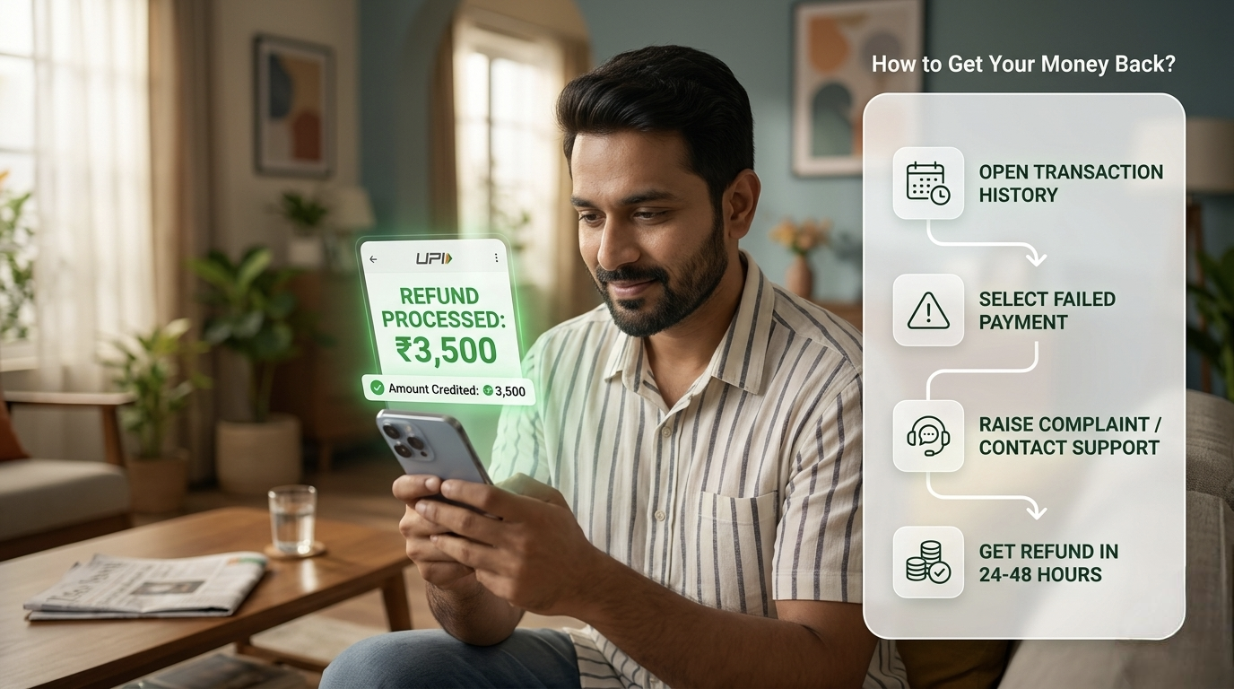 Step-by-step infographic showing how to get money back after a failed UPI payment, featuring transaction history, raising a complaint, and 24-48 hours refund process.