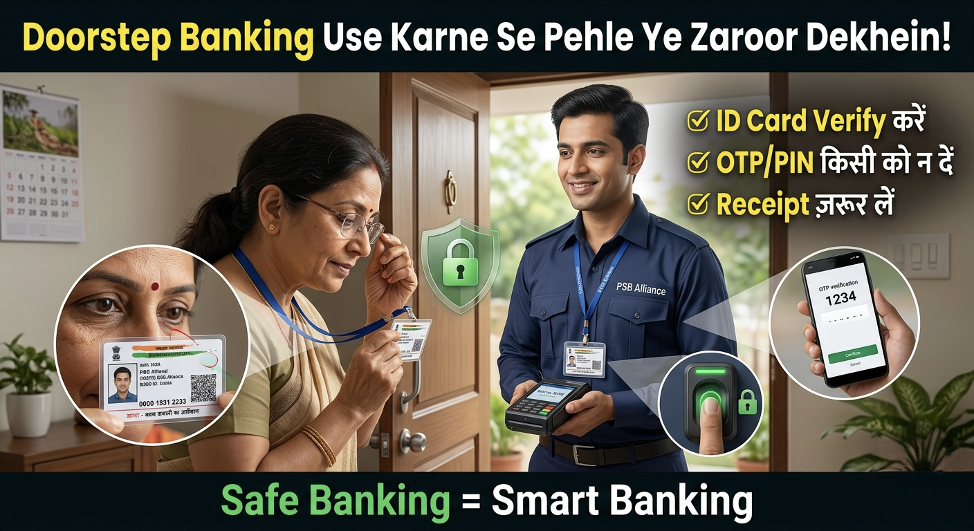 Ghar baithe bank se paise kaise nikale ke liye doorstep banking safety tips jisme customer bank agent ka ID card verify kar raha hai OTP aur PIN kisi ko na dene ki salah di ja rahi hai aur secure cash withdrawal aur deposit process ghar par safely complete ho raha hai India