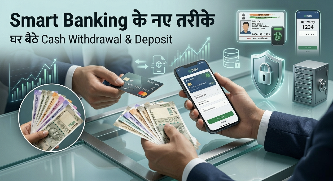 Professional dashboard showing Smart Banking in India with Indian currency notes, debit card, and DSB mobile app for doorstep cash withdrawal and deposit services 2026 rules