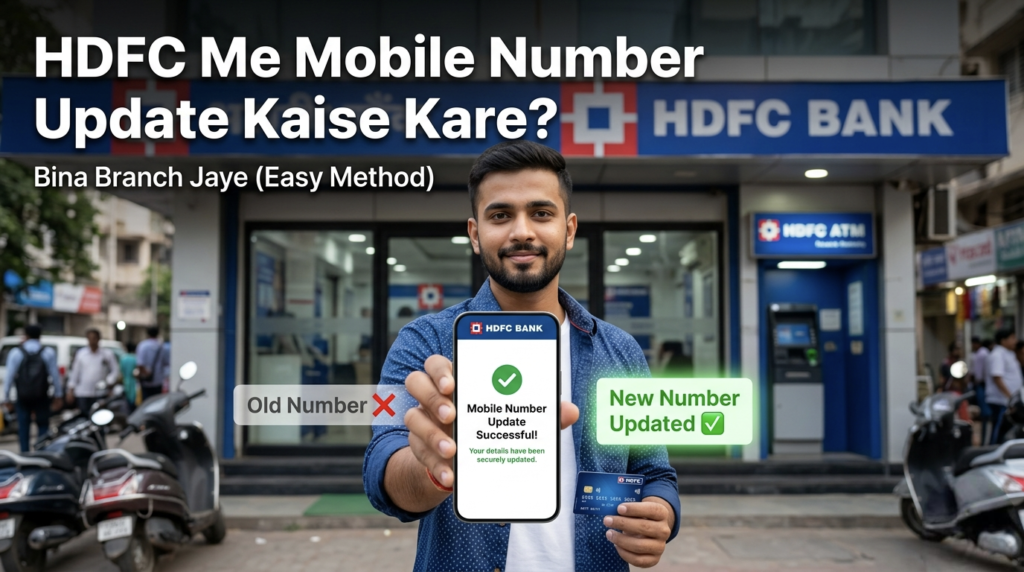 HDFC bank me mobile number update kaise kare bina branch jaye 2026, online mobile number change process with successful update screen