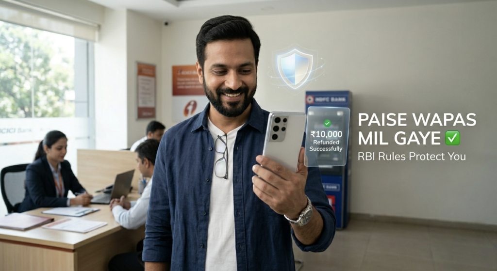 ​Ek khush hal HDFC Bank customer apne mobile par 'Refunded Successfully' ka message dekh raha hai. Background mein bank branch aur RBI security shield dikhayi de rahi hai. Yeh image batati hai ki RBI rules ke tahat HDFC ATM se paise kat gaye par cash nahi mila samasya ka paisa kaise wapas milta hai