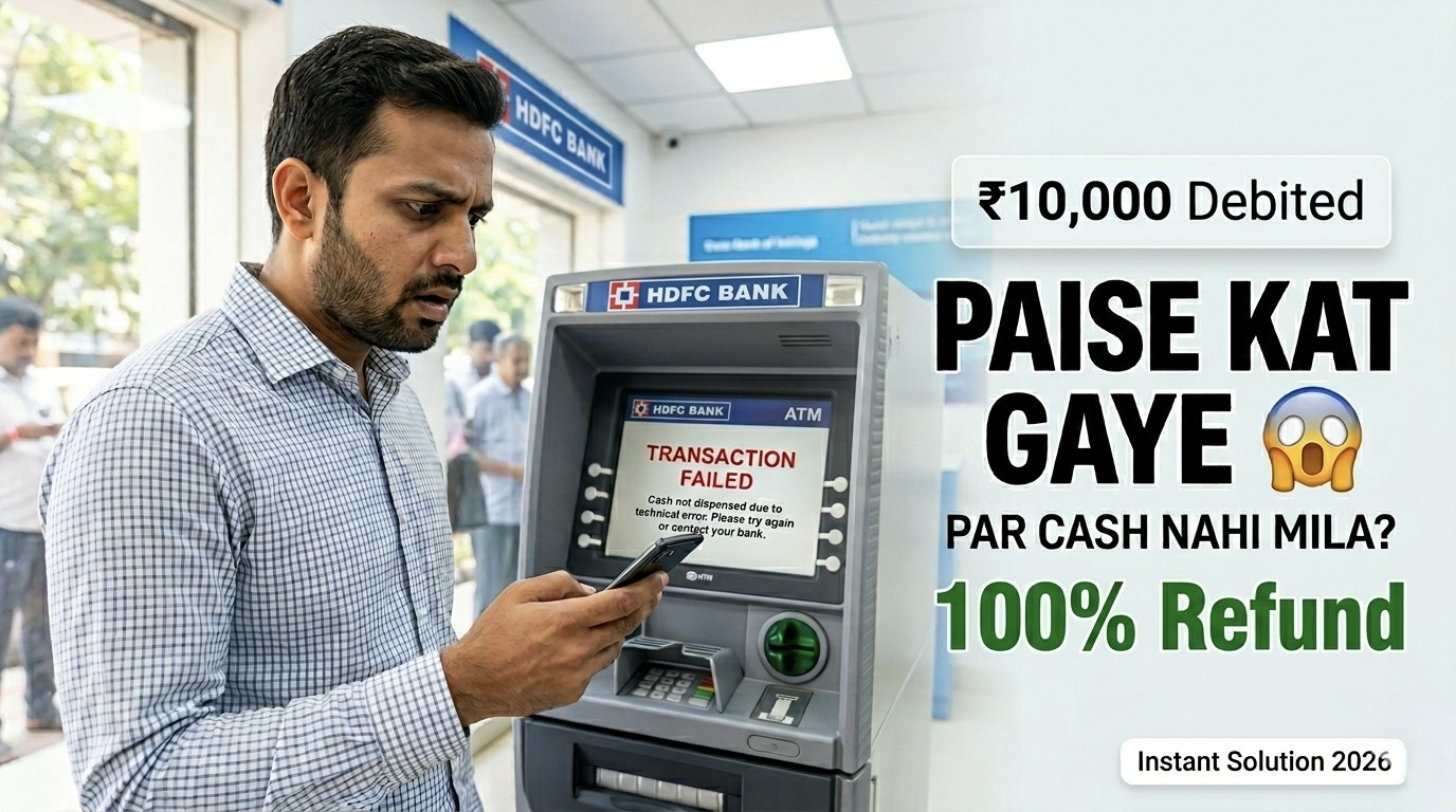Ek pareshan aadmi HDFC Bank ATM ke samne khada hai jiska transaction fail ho gaya hai aur mobile par paise katne ka SMS aaya hai. Screen par Transaction Failed dikh raha hai. Yeh image HDFC ATM se paise kat gaye par cash nahi mila samasya aur uske 100% refund solution ki jankari deti hai.